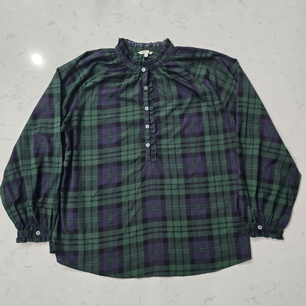 Simply Southern Green Purple Plaid Ruffle Blouse Large Preppy Cottagecore
